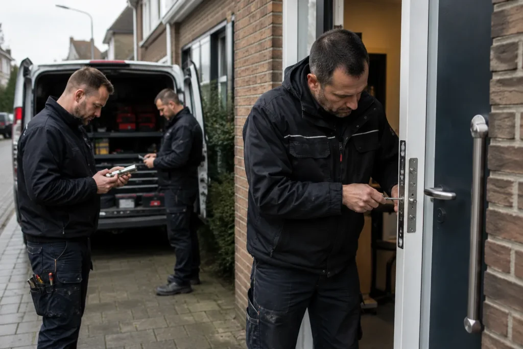 Professionele slotenmaker in Kapellen repareert een deurslot tijdens een 24/7 spoedservice aan een woning.