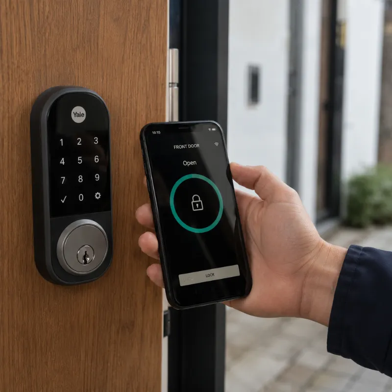 Slim deurslot dat via een smartphone wordt bediend voor moderne woningbeveiliging in Antwerpen.