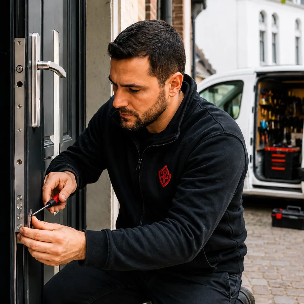 Professionele slotenmaker vervangt een deurslot met geschikt gereedschap